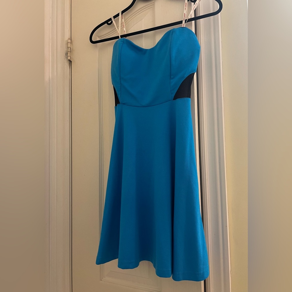 G by Guess Blue Sweetheart Strapless Dress with Black Mesh Sides